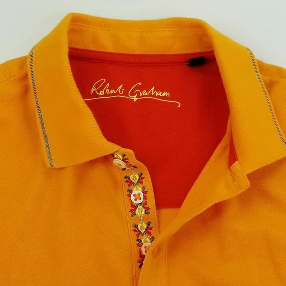 Robert Graham Large Men's Orange Embroidered Button Hem Short Sleeve Cotton Polo - Picture 4 of 7